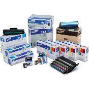 Разноцветные и различные модели картриджей выставлены на полке, предлагая широкий выбор для разных принтеров.